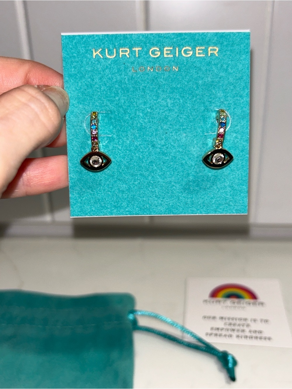 Kurt Geiger London Evil Eye crystal huggie hoop earrings dustbag,carecard NWT - Picture 2 of 4